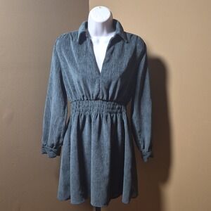 Green‎ Smocked Waist Long Sleeve Collared Dress Size Small